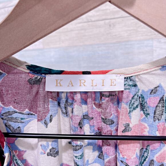 KARLIE Linen Floral V Neck Ruffle Top Pink Half Sleeve Casual Womens Medium - Picture 5 of 8